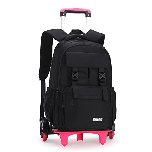 Solid-Color Rolling Backpack for Girls, Trolley Wheel School Bag, Black Wheeled Bookbag on 6 Wheels