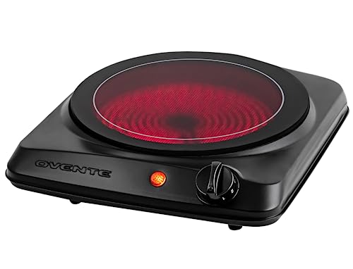 OVENTE Countertop Infrared Single Burner, 1000W Electric Hot Plate with 7” Ceramic Glass Cooktop, 5 Level Temperature Setting & Easy to Clean Base, Compact Stove for Home Dorm Office, Black BGI101B