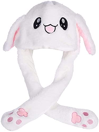 CNHNGTS Funny Plush Bunny Moving/Jumping Rabbit Cute Unisex Animal Ear Flap Hat with Paws for Women Girls, White, One Size