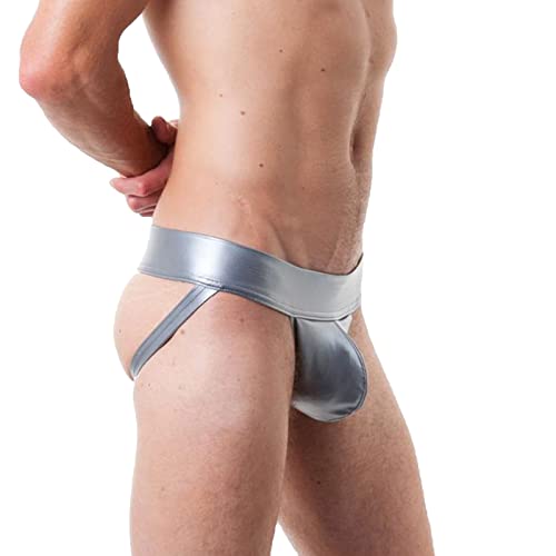 Ctreela Sissy Lingerie for Men's Butt-Flaunting Thong Sexy Pouch Enhancing G-String PU Jockstrap Underwear for Sex Silver