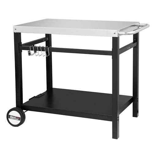Royal Gourmet Dining Cart Table with Double-Shelf, Movable Stainless Steel Flattop Worktable, Hooks, Side Handle, Multifunctional, PC3401S (Silver)