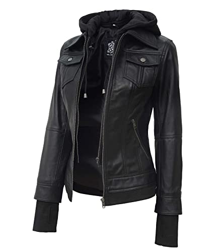 Decrum Black Leather Jacket Womens Moto Racer - Bomber Leather Jacket Women With Hood | [1309194] Betty Black, L