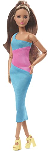 Barbie Looks Doll with Brown Hair Dressed in One-Shoulder Pink and Blue Midi Dress, Posable Made to Move Body