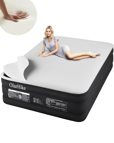 OlarHike Signature Collection Queen Air Mattress with Built in Pump,18” Luxury Air Mattress with Silk Foam Topper for Camping, Home & Guests, Durable Fast & Easy Inflation/Deflation Airbed Black