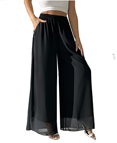 heipeiwa Women's Chiffon Dress Beach Wide Leg Palazzo Pants Elastic Waist Trouser