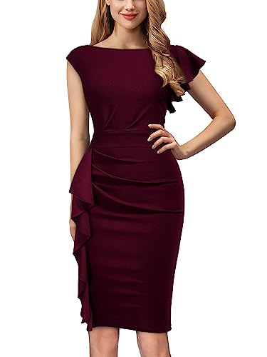 AISIZE Women's Pinup Vintage Ruffle Sleeves Cocktail Party Pencil Dress Large Burgundy
