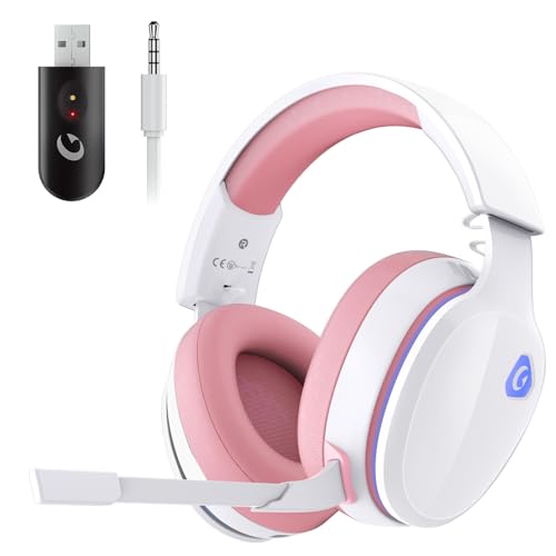 Gtheos 2.4GHz Wireless Gaming Headset for PS5, PC, PS4, Mac, Nintendo Switch, Bluetooth 5.2 Gaming Headphones with Microphone for Computer, Mobile, Stereo Sound, 3.5MM Wired Mode for Xbox Series(Pink)