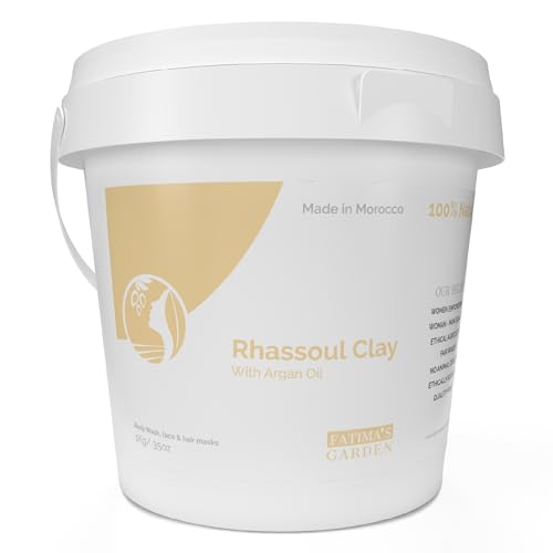 Rhassoul Clay by Fatima's Garden, 100% Natural Moroccan Ghassoul Clay Powder enriched with Argan oil and Eucalyptus for Face, Hair & Hammam; cleansing & softening & purifying - 35oz / 1kg