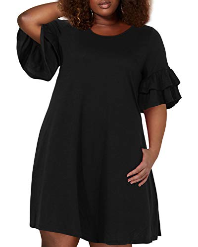 Nemidor Women's Ruffle Sleeve Jersey Knit Plus Size Casual Swing Dress with Pocket (Black, 18W)