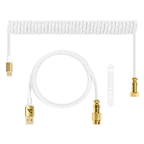 ATTACK SHARK Custom Coiled USB C to A Cable for Gaming Keyboard,Double-Sleeved Starlight Braided Cable with Detachable Metal Aviator 24K Gold Connector 1.7M-2.2M for Phone/PS4/Android/Xbox-White