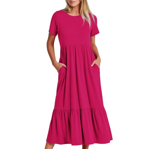 Women Plain Casual Long Dresses 2024 Solid Color Short Sleeve Tiered Dress Beach Maxi Dresses Trendy Summer Clothes Modest Dresses for Women Hot Pink L