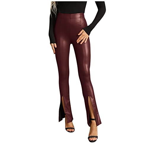 Women High Waist Faux Leather Pants Wide Leg Pants Skinny Leggings PU Leather Split Hem Pants Trousers Slim Tights Wine