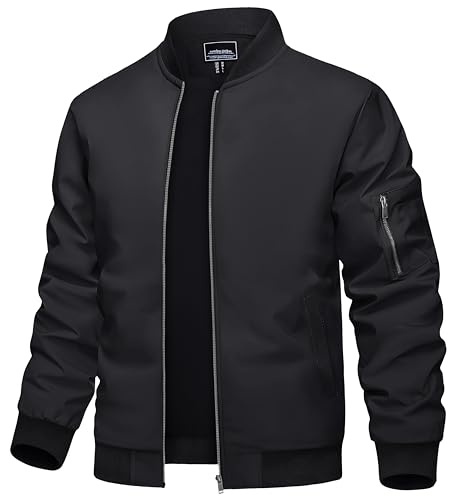TACVASEN Men's Varsity Jackets Black Bomber Jackets Men Windproof Jackets Men Casual Jackets Men Spring Jackets Harrington Jacket Letterman Jacket