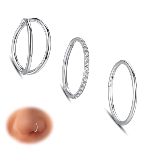 Women Silver Nose Rings Hoops: 3pcs 316L Surgical Steel Hinged Nose Rings 20G Double Hoop CZ Septum Conch Clicker Lip Rings Cartilage Helix Rook Tragus Daith Earring Hoops Body Piercing Jewelry 8mm