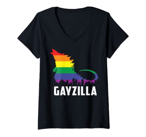 Womens LGBTQ Rainbow Gayzilla Funny LGBT Pride Colors Graphic Cute V-Neck T-Shirt