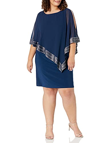 S.L. Fashions Women's Plus Size Mylar Trim Cape Dress, Navy Foil, 18W