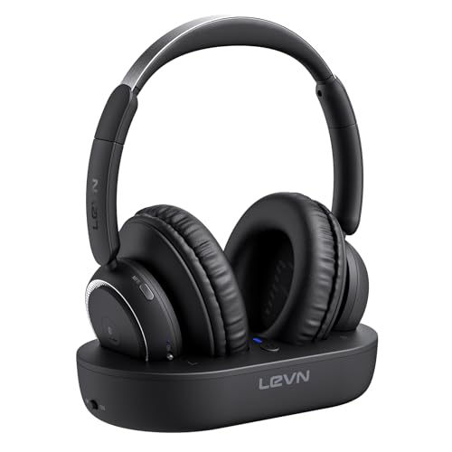 LEVN LE-HS018 Wireless Headphones, Bluetooth 5.2, Over Ear, 65h Battery, TV Transmitter Charging Base, Hearing-impaired, Plug and Play, Gifts for Elderly, Black