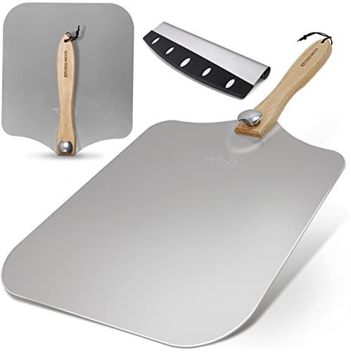 KITCHUS MOON Large Pizza Peel 16 inch - Extra Large Metal Pizza Peel with 14 inch Stainless Steel Pizza Cutter Rocker, Pizza Paddle with Folding Handle (Pizza Peel 13'x16' with 14' Cutter)