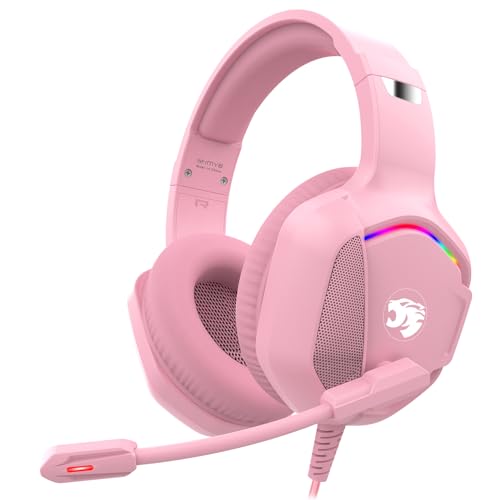 Gaming Headset with Microphone for Pc, Xbox One Series X/s, Ps4, Ps5, Switch, Stereo Wired Noise Cancelling Over-Ear Headphones with Mic, RGB, for Computer, Laptop, Mac, Nintendo, Gamer (Pink)