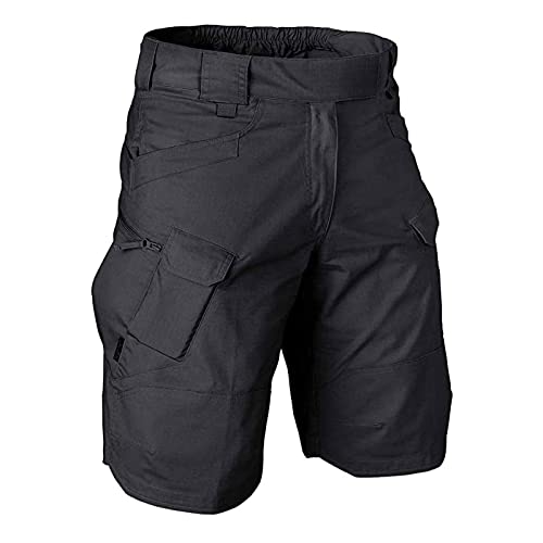 WENKOMG1 Mens Tactical Shorts,Woven Safari Style Military Waterproof Ripstop Elastic Waist Hiking Fishing Cargo Shorts,Summer Casual Sports Active Jogger Rugby Basketball Shorts(A-Black,XXXL)