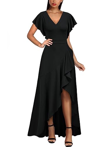 Miusol Women's Formal V Neck Ruffle Split Evening Party Long Dress (XX-Large, Black)