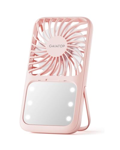 Gaiatop Handheld Mini Fan, 3 Speed Portable Lash Fan Makeup Mirror with LED Light, 2000mAh USB Rechargeable Personal Desk Fan with Stand, Small Hand Fan for Outdoor Travel Gifts for Women Girls Pink