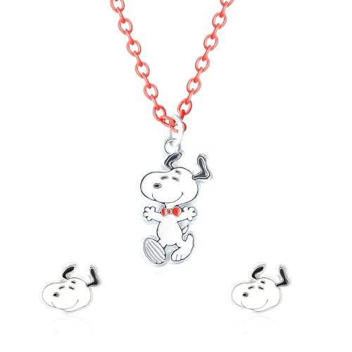 PEANUTS Girls Snoopy Necklace and Snoopy Stud Earrings Jewelry Set Official License, 16'+3' Necklace with Red Chain