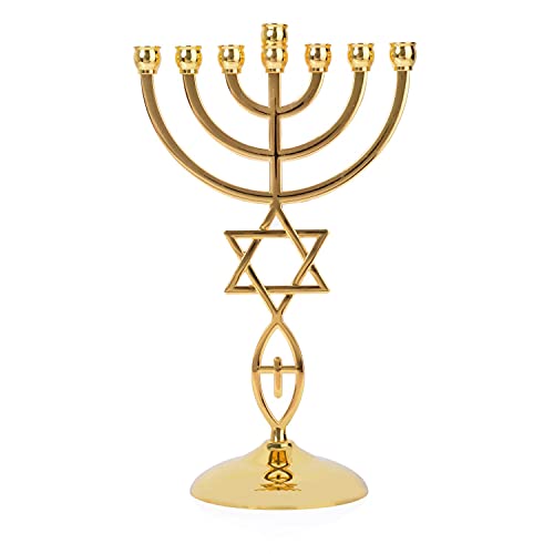 BRTAGG Candle Holders Menorah with 7 Branches, 8.3' Height, Star of David Design - Gold Plated Jewish Home Décor (Model 3829)