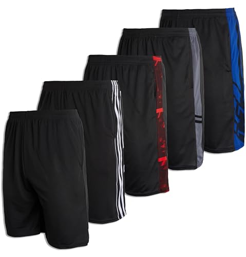 Real Essentials Mens Mesh Shorts Active Wear Athletic Short Men Basketball Pockets Workout Gym Soccer Running Summer Fitness Quick Dry Casual Clothes Sport Training Hiking, Set 8, L,Pack of 5