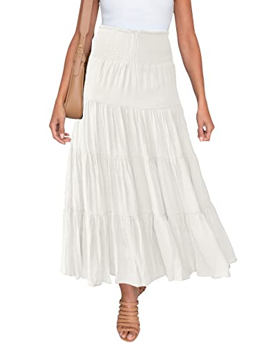 HAEOF Women's Summer Elastic High Waist Boho Maxi Skirt Casual Drawstring A Line Long Skirt White Small