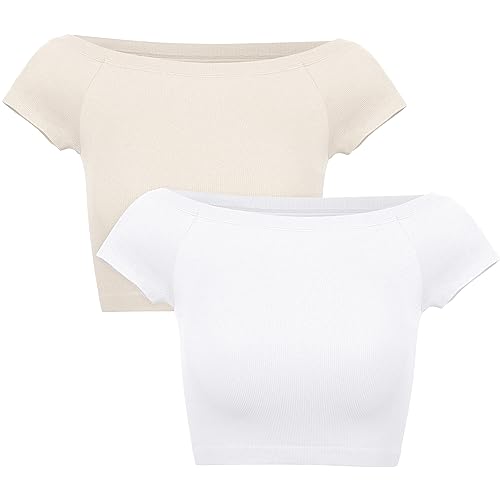ODODOS 2-Pack Off Shoulder Crop Tops for Women Shorts Sleeve Seamless Cropped Top Ribbed T-Shirts