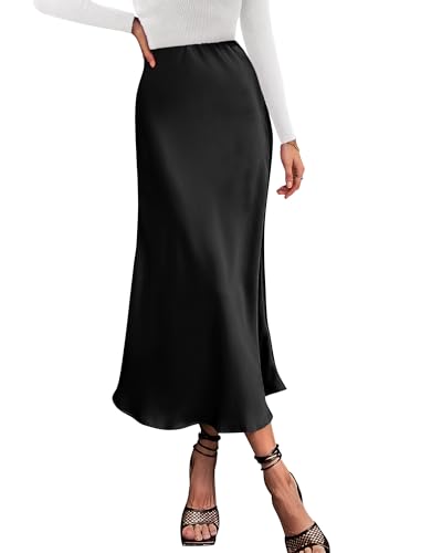 BTFBM 2024 Women Long Satin Summer Spring Skirt Silk Elegant High Waist Cocktail Party Wedding Flared A-Line Midi Skirts(Solid Black, Small)