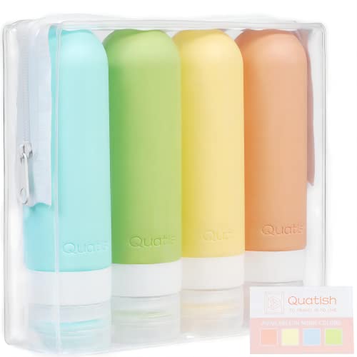 Quatish Travel Size Bottles, 4 Pack Leak Proof Travel Containers for Toiletries, Silicone Travel Shampoo and Conditioner Bottles Tsa Approved, 3 oz Travel Size Toiletries with Clear Toiletry Bag