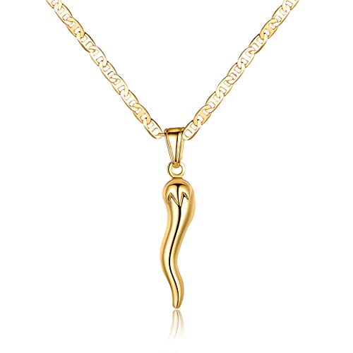Barzel 18K Gold Plated Flat Marina Chain With Italian Horn Necklace Cornicello - Made In Brazil (20 Inches)