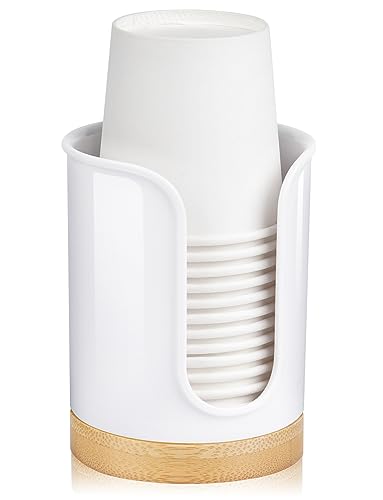 Bathroom Cup Dispenser - Small Cup Holder for Dixie 3 oz Bathroom Cups, Mouthwash Cups, 3 4 Ounce Cup Dispenser - PC/Bamboo, White, Pack of 1