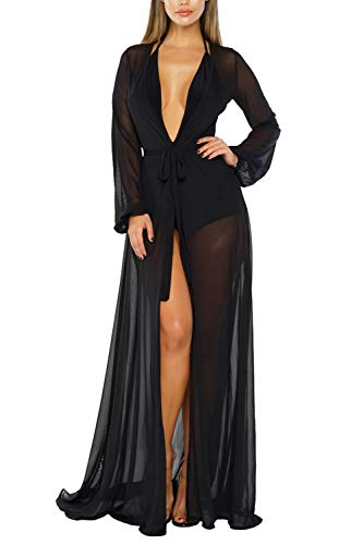 Pink Queen Women's Long Sleeve Flowy Maxi Bathing Suit Swimsuit Tie Front Robe Cover Up Black M