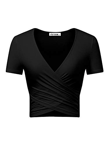 VETIOR Sexy Tops for Women Party Club Night V Neck Top Short Sleeve Black Crop Top Trendy Criss Cross Front Wrap Shirt XL Black