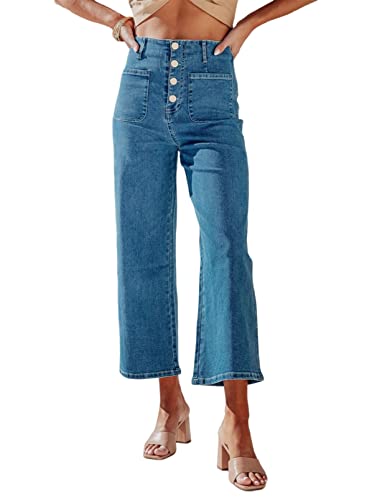 Sidefeel Women's Wide Leg Jeans High Waisted Stretchy Capri Pants Buttoned Loose Denim Pants with Pocket Blue Size 4