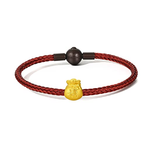 ZHOU LIU FU 24K Solid Gold Bracelet, Real Gold Fortune Bag Charm Bracelet, Pure Gold Lucky Pocket Jewelry Red Bracelet for Women Men