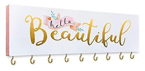 SANY DAYO HOME Hello Beautiful Wall Mount Necklace Holder Organizer with 9 Jewelry Hooks for Ring, Hair Bow, Headband, Purse - Wall Decor for Girls Room