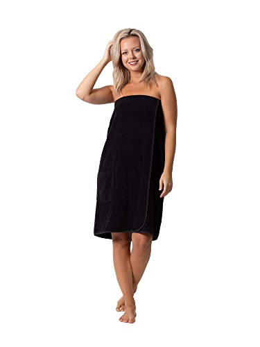 Robe Direct Women’s Terry Cloth Spa and Bath Towel Wrap with Adjustable Closure & Elastic Top (Black, Large/One Size)