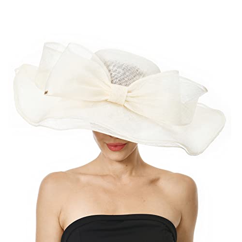 RETRONLY Kentucky Derby Hats for Women - White Fascinators Hats Large Brim Bowknot Sinamay Beach Hat