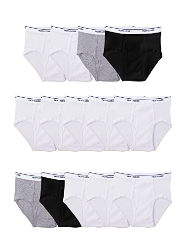Fruit of the Loom Big Tag Free Cotton Briefs (Assorted Colors), Boys – 14 Pack – Black/White/Grey, Medium