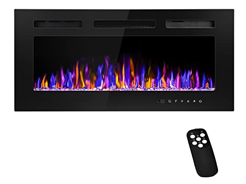 BETELNUT 36' Electric Fireplace Wall Mounted and Recessed with Remote Control, 750/1500W Ultra-Thin Wall Fireplace Heater W/Timer Adjustable Flame Color and Brightness, Log Set & Crystal Options