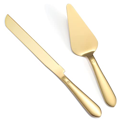 Eisinly Cake Cutting Set for Wedding, Elegant Knife and Server with Thickened Stainless Steel Rounded Edges, Cutter Pie Spatula Birthday Anniversary Christmas Gift of 2, Gold