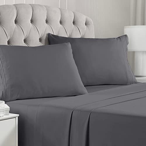 Mellanni Queen Bed Sheets - 4 PC Iconic Collection Bedding Sheets & Pillowcases - Hotel Luxury, Extra Soft, Cooling Bed Sheets - Deep Pocket up to 16' - Wrinkle, Fade, Stain Resistant (Queen, Gray)