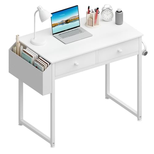 Lufeiya Small White Desk with Drawers - for Bedroom, 32 Inch Home Office Computer Desk with Fabric Storage Drawer and Bag, Study Writing Table for Small Spaces, White