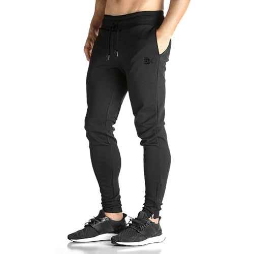 BROKIG Mens Zip Jogger Pants - Casual Gym Fitness Trousers Comfortable Tracksuit Slim Fit Bottoms Sweat Pants with Pockets (Large, Black)
