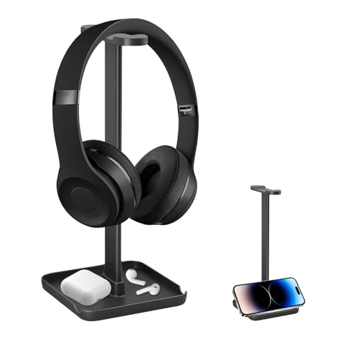 Qoosea Headphone Stand with Phone Stand Storage Tray Headsets Stand Gaming Headphone Holder for All Headphones 3 in 1 for AirPods Max Beats Sony Bose White