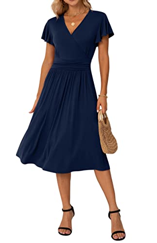 GRECERELLE Women Dresses, Short Sleeve Casual Summer Dress, V-Neck Party Dress(Large, Navy Blue)